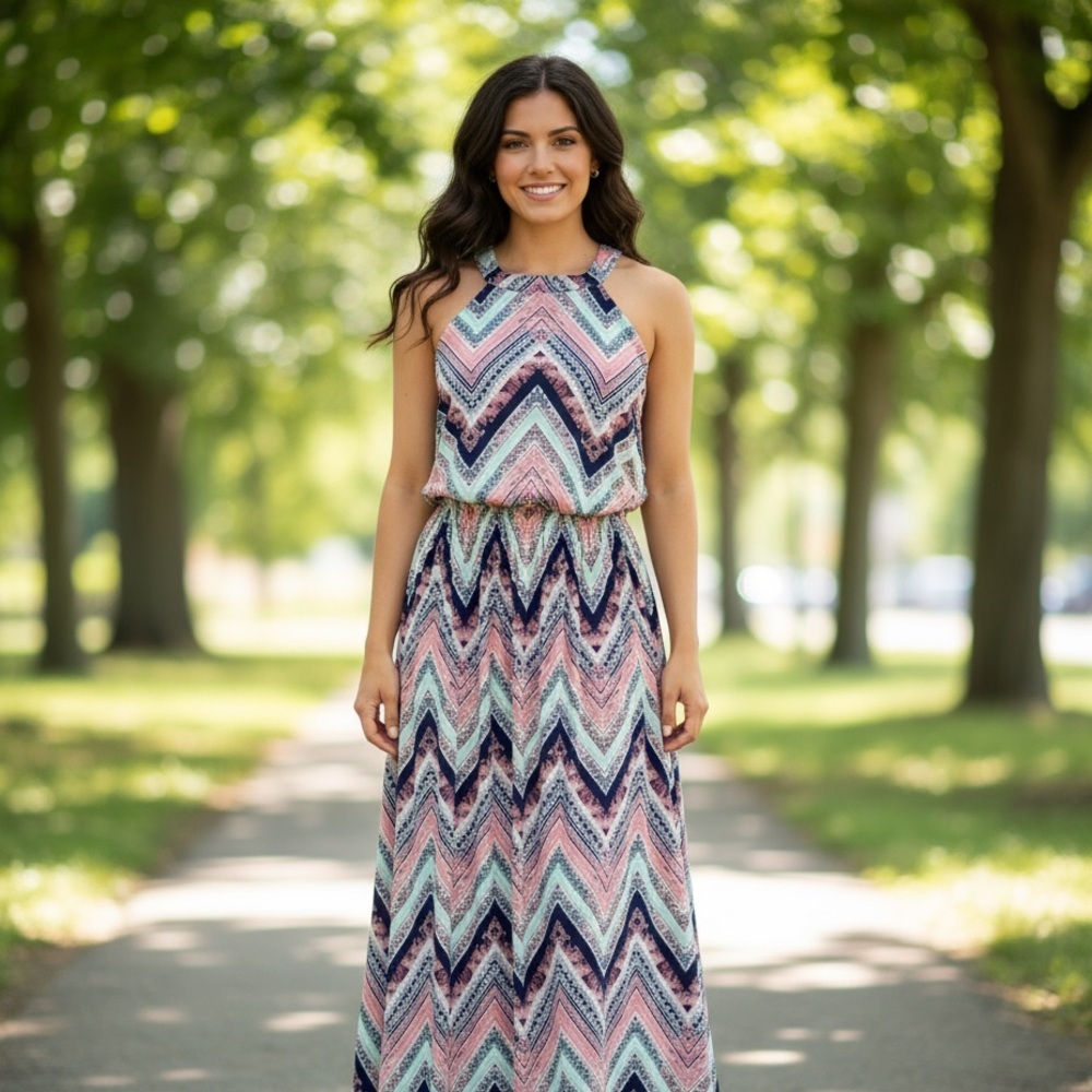 ➕Three Pink Hearts Halter style coral, mint, and navy Chevron Maxi Dress Lg
